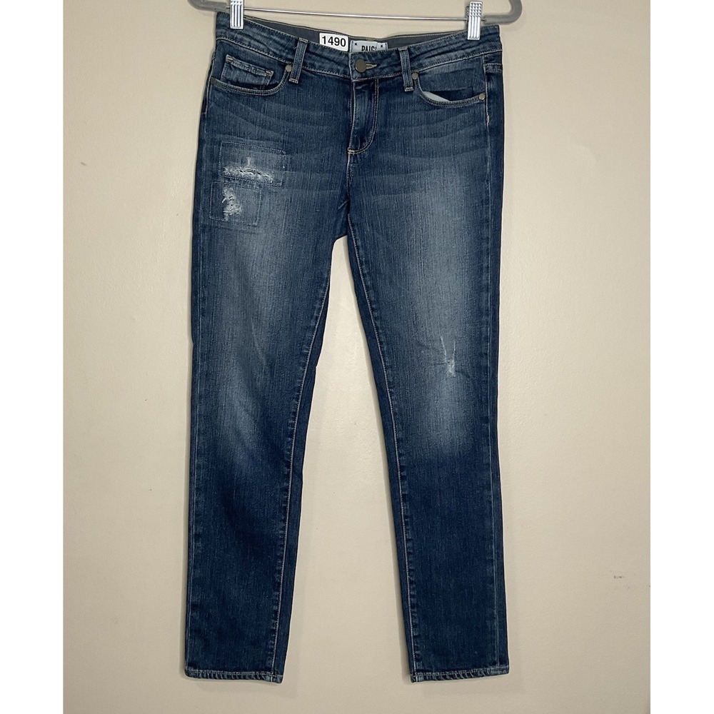 Paige Jeans Women 27 Blue Skyline Ankle Peg Mid Rise Stretch Distressed Denim
